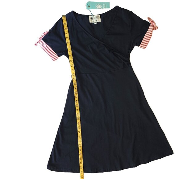 NWT ONZE MONTREAL Navy Blue & Red & White Striped Cuffs Dress Size Small - Picture 3 of 7